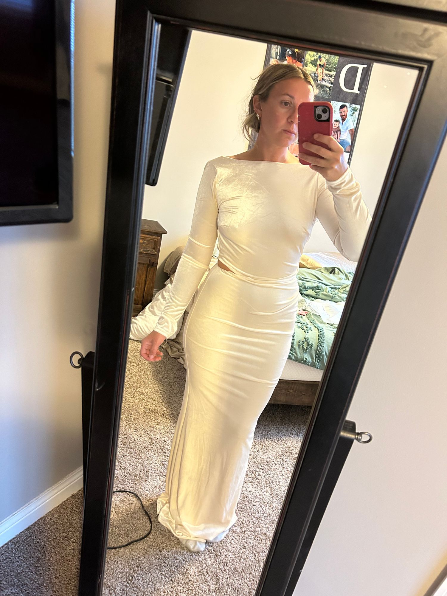 Ginevra Velvet Long Sleeve Cut Out Maxi Dress in Ivory | Oh Polly