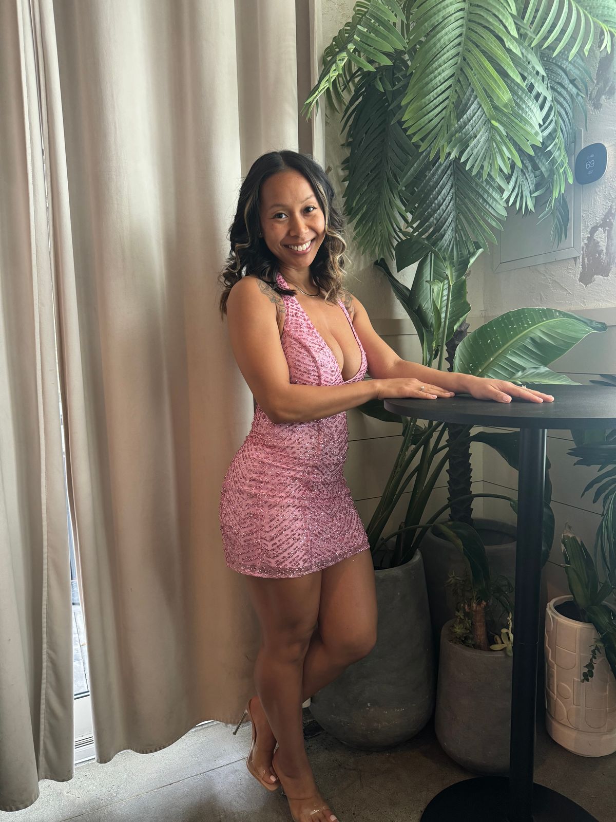 Arlona Embellished Halterneck Mini Dress in Pink | Oh Polly