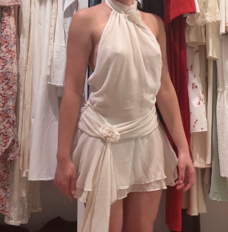 asymmetric layered halterneck mini dress in ivory Mariposa Slinky Halter Mini Dress / Ivory | MESHKI main image 1