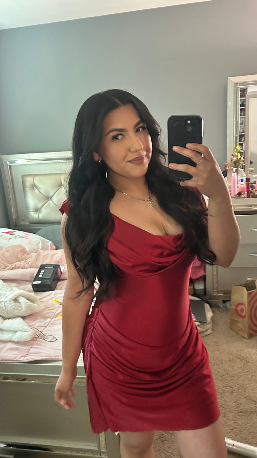 open lace back dress Satin Off-Shoulder Draped Mini Dress in True Red - 2 main image 0