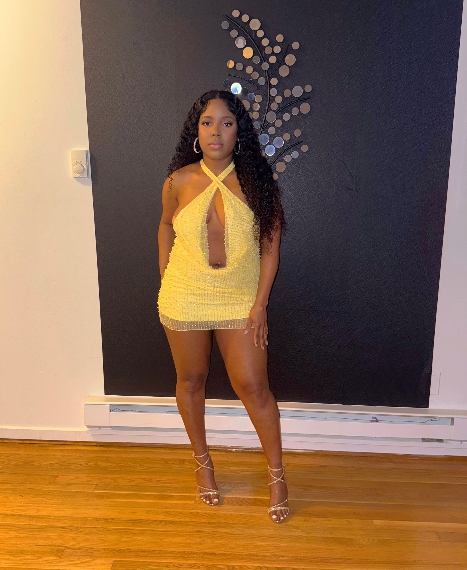 Sylune Embellished Cowl-Neck Backless Mini Dress in Yellow