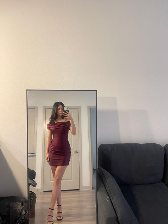 maeve off shoulder draped mini dress in true red Off-Shoulder Draped Mini Dress in Rouge