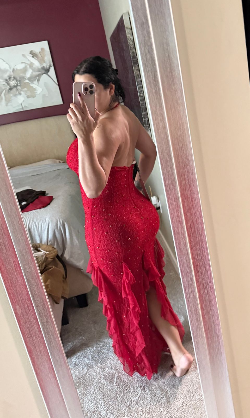 fitted lace wedding dress Embellished Halter Neck Ruffle Maxi Dress in Red - 10 main image 1