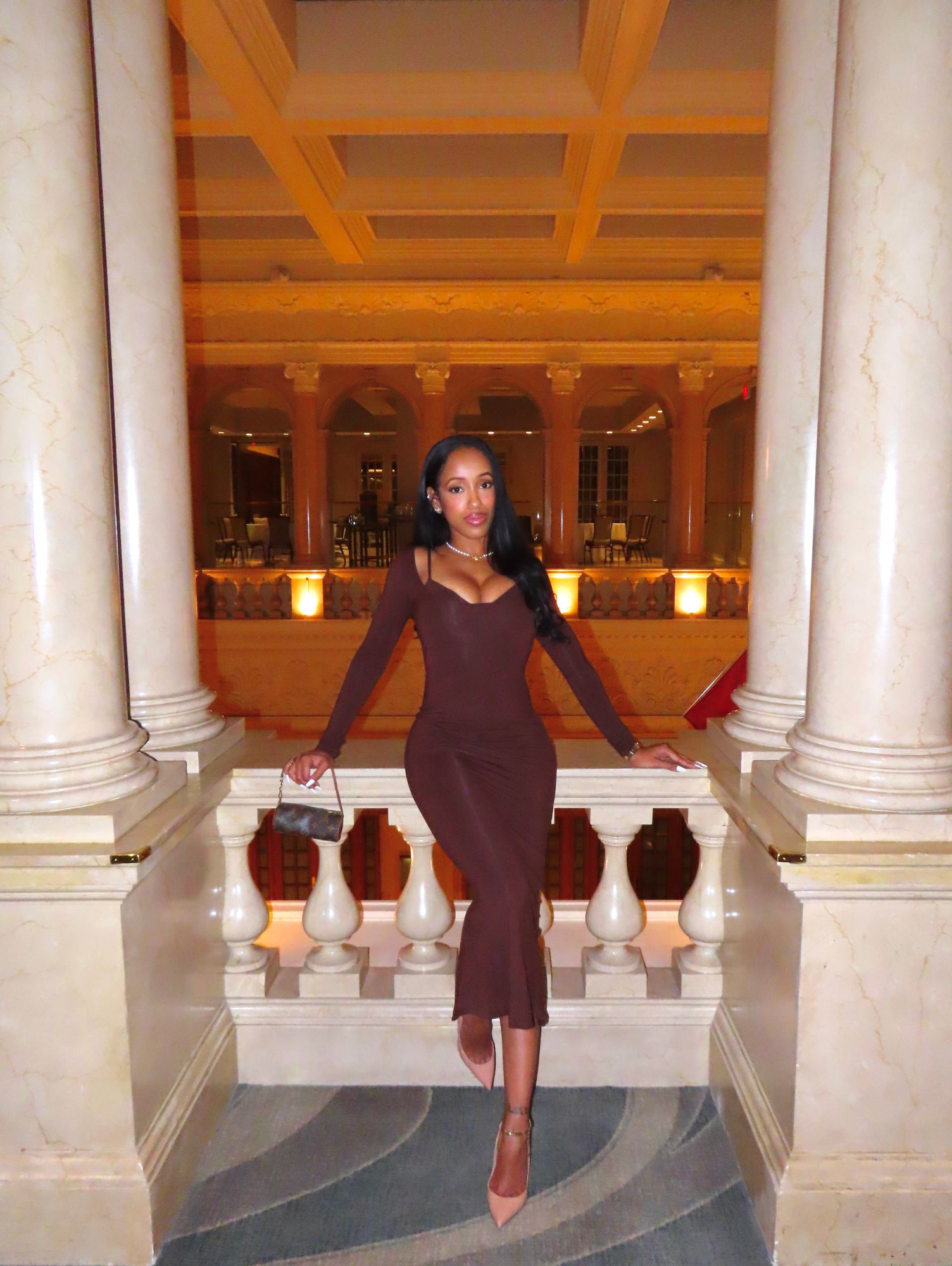 knee length dresses for ladies Square Neck Midi Dress in Chocolate Brown - S main image 0