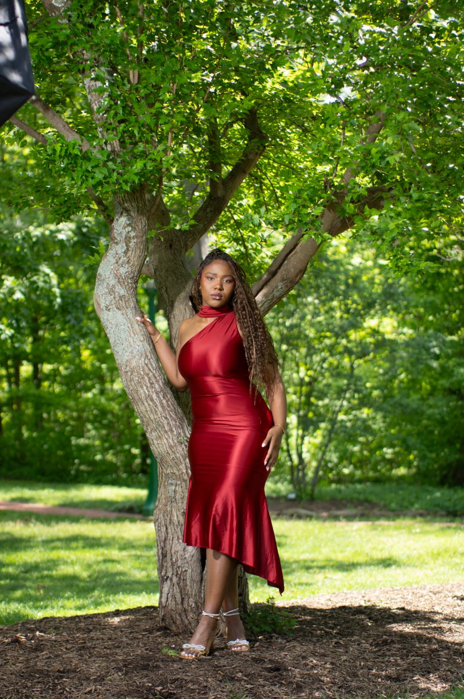 Shaya Asymmetric Scarf-Detail Midaxi Dress in True Red  Oh Polly US