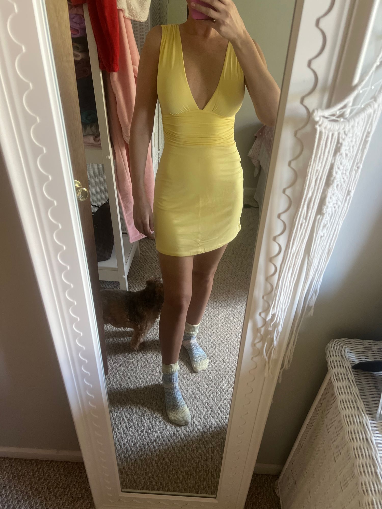 modal ruched a line mini dress in lemon sherbet Modal Ruched A-Line Mini Dress in Floral Print - M