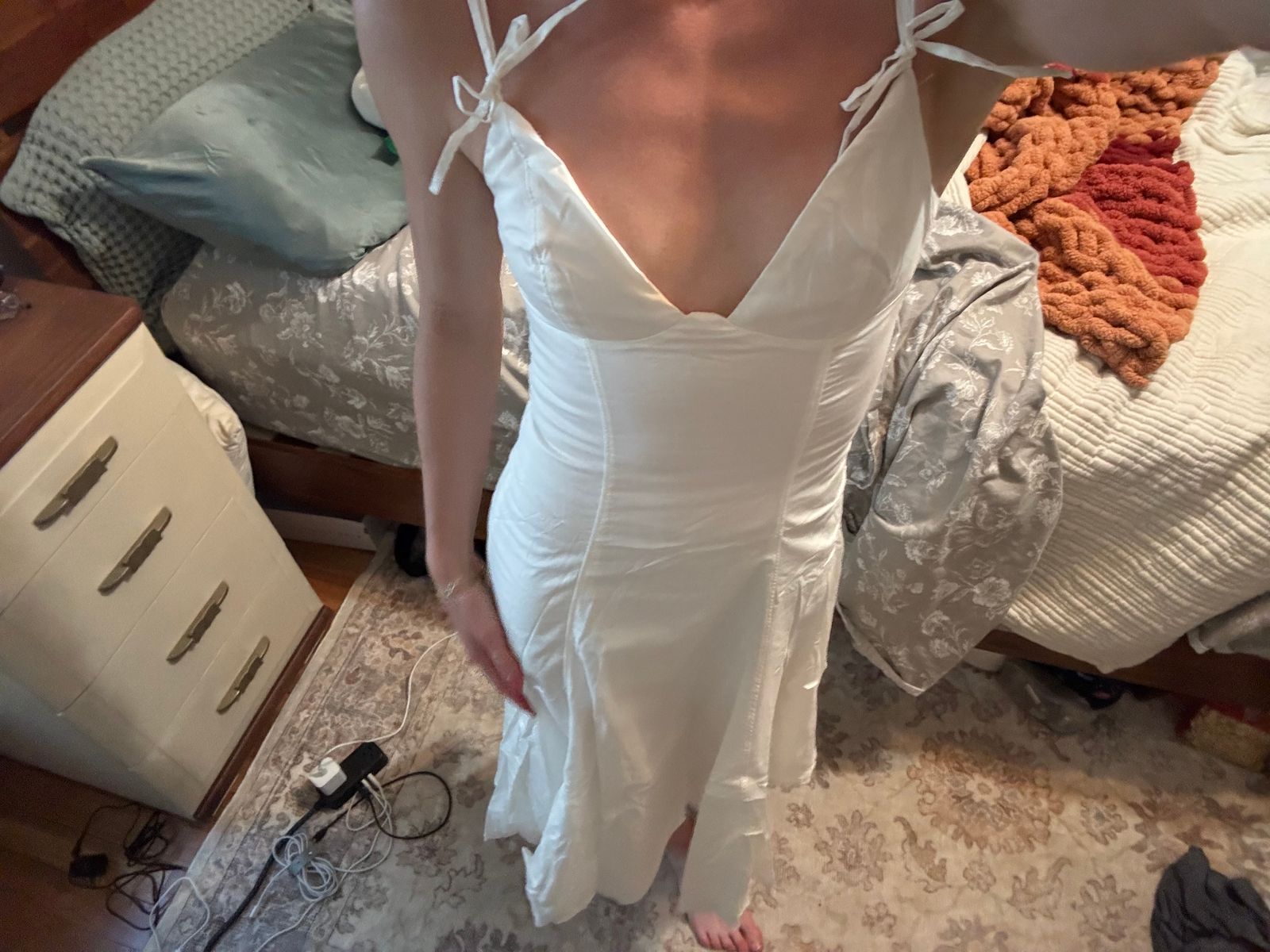 Mallory Bow-Detail Lace-Trim A-Line Midi Dress in White | Oh Polly