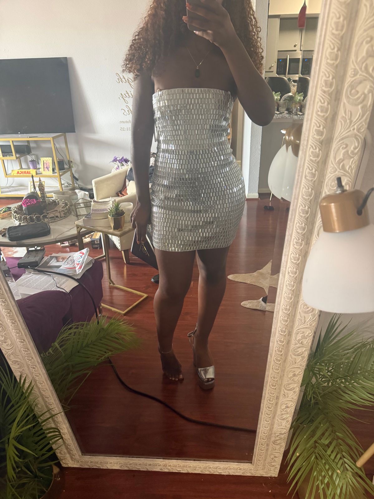 Aurora Embellished Bandeau Mini Dress in Almond | Oh Polly