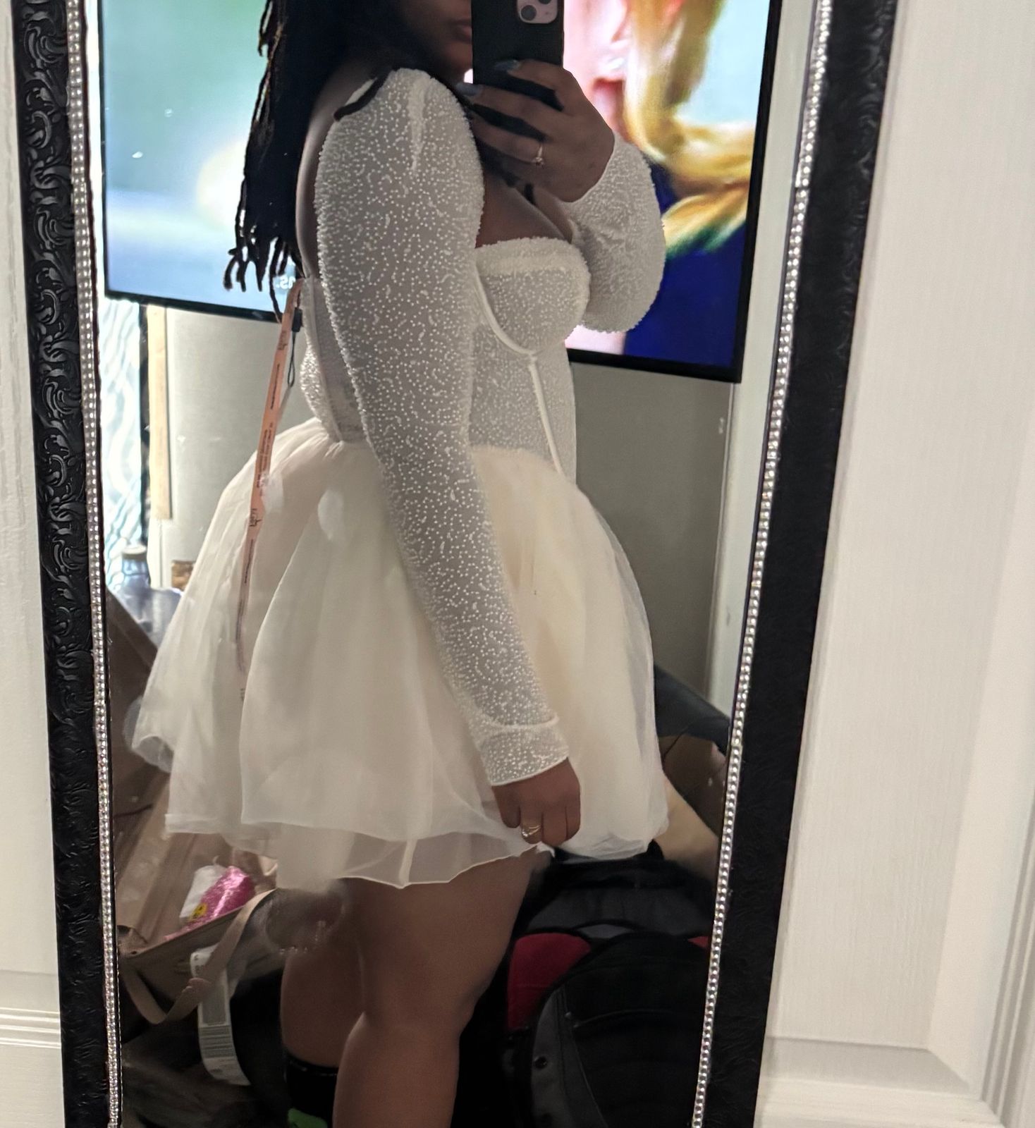 embellished long sleeve tulle skirt mini dress in ivory Calliope Embellished Long Sleeve Tulle Skirt Mini Dress in Ivory