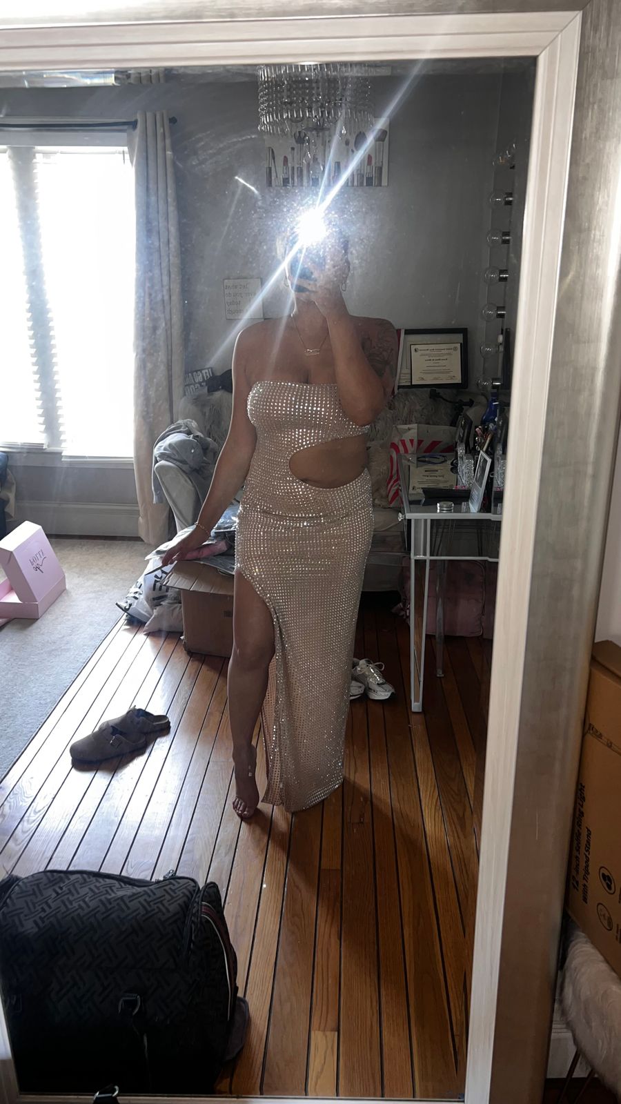 Alamea Embellished Cut-Out Bandeau Maxi Dress in Honey | Oh Polly