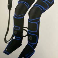 Customer-uploaded image. Click to see more details. The image represents: Black and blue compression leg sleeves with electrical stimulation device and controller cable for athletic recovery