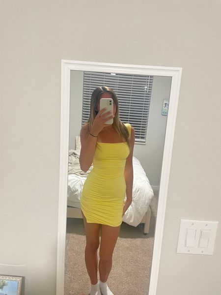 yellow slinky ring detail square neck bodycon dress Rihoas Cotton Fit and Flare Mini Dress 39% polyester Asymmetric Ruched Mini Bodycon Dress
