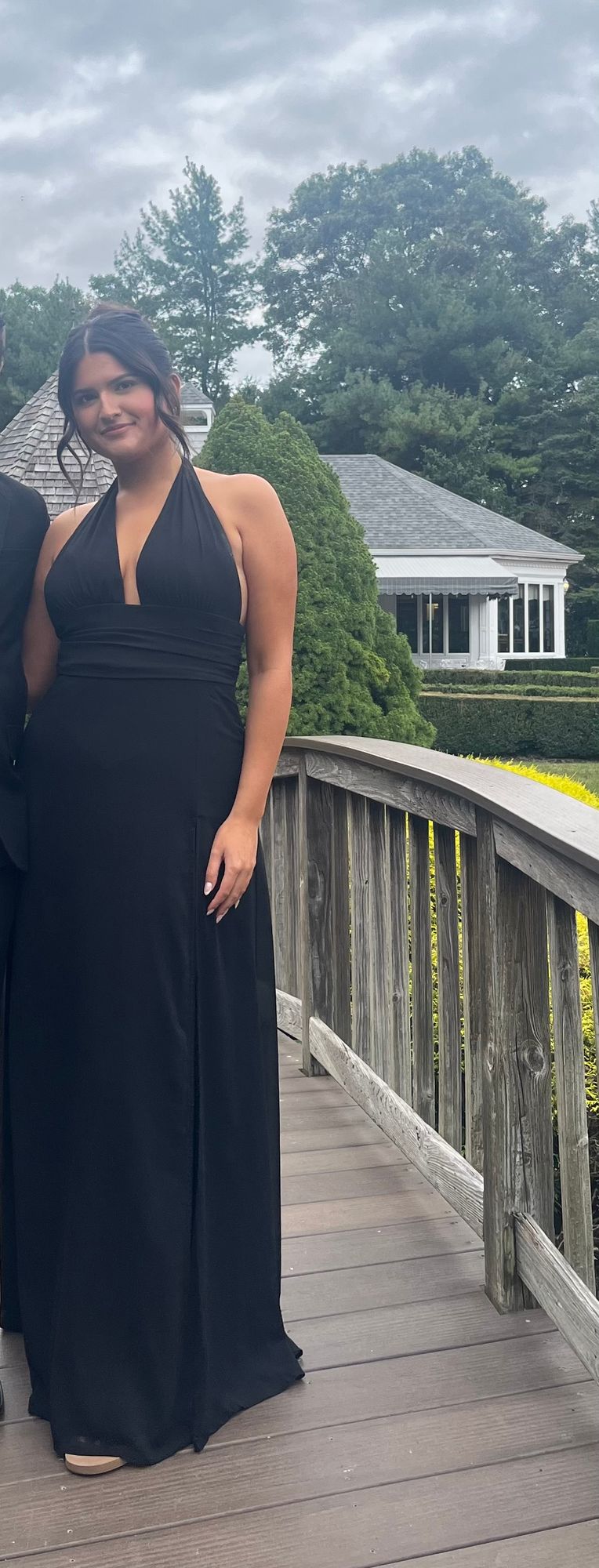 knee length dresses for ladies A-line Off Shoulder Surplice Floor-Length Black Satin Slit Prom Dress, main image 1