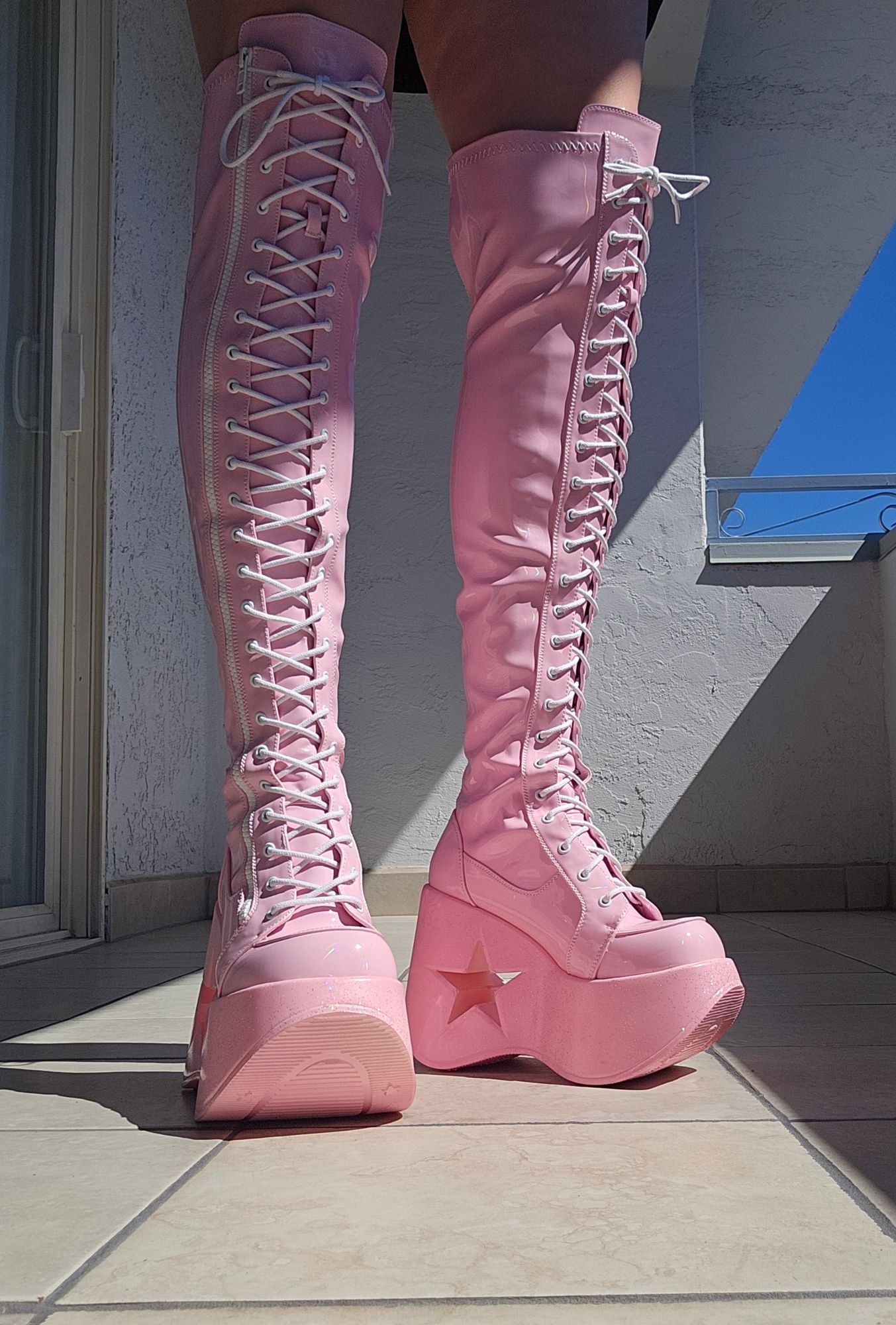 Platform Boots Pink Lace Up Knee High Boots Pink Ombre Open Toe