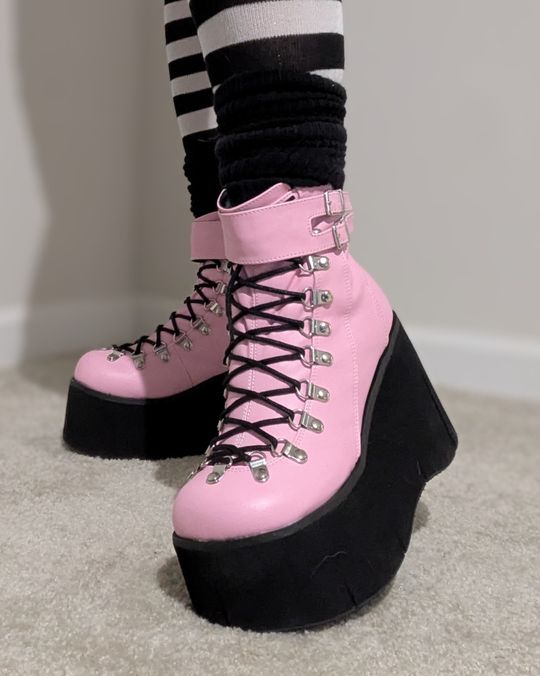 Pink Goth Platform Boots Canada Demonia SWING-150 Pink Knee High