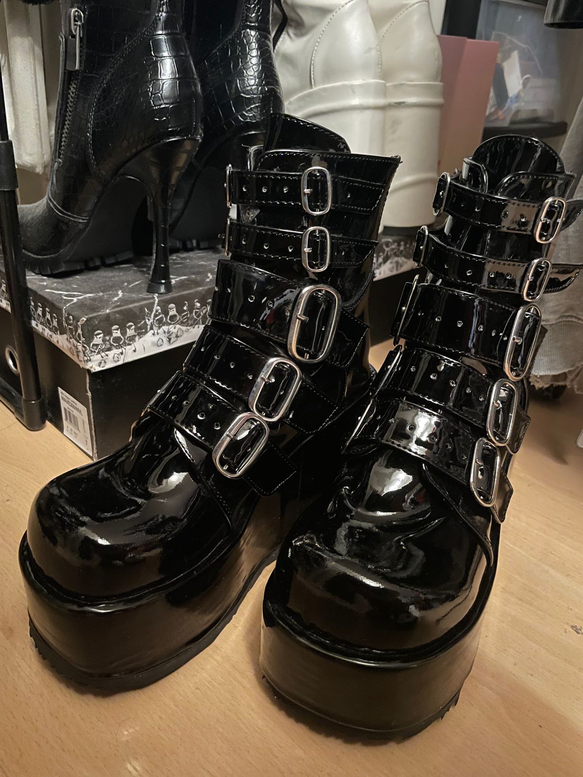 Demonia Black Patent Buckle Platform Boots Demonia Wave-110 Black Patent Ankle Boots - TikTok Shop main image 4