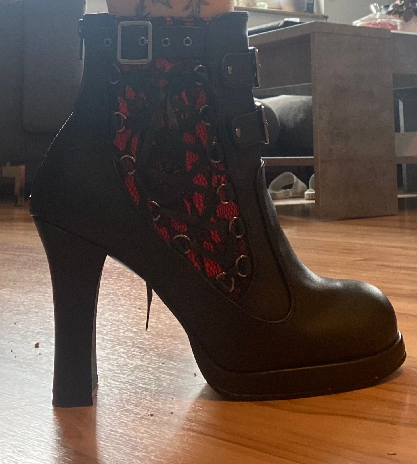 Rave Wonderland Demonia Red Chunky Boots Crypto-51 Black Red Lace Heel  Boots • Immoral Fashion