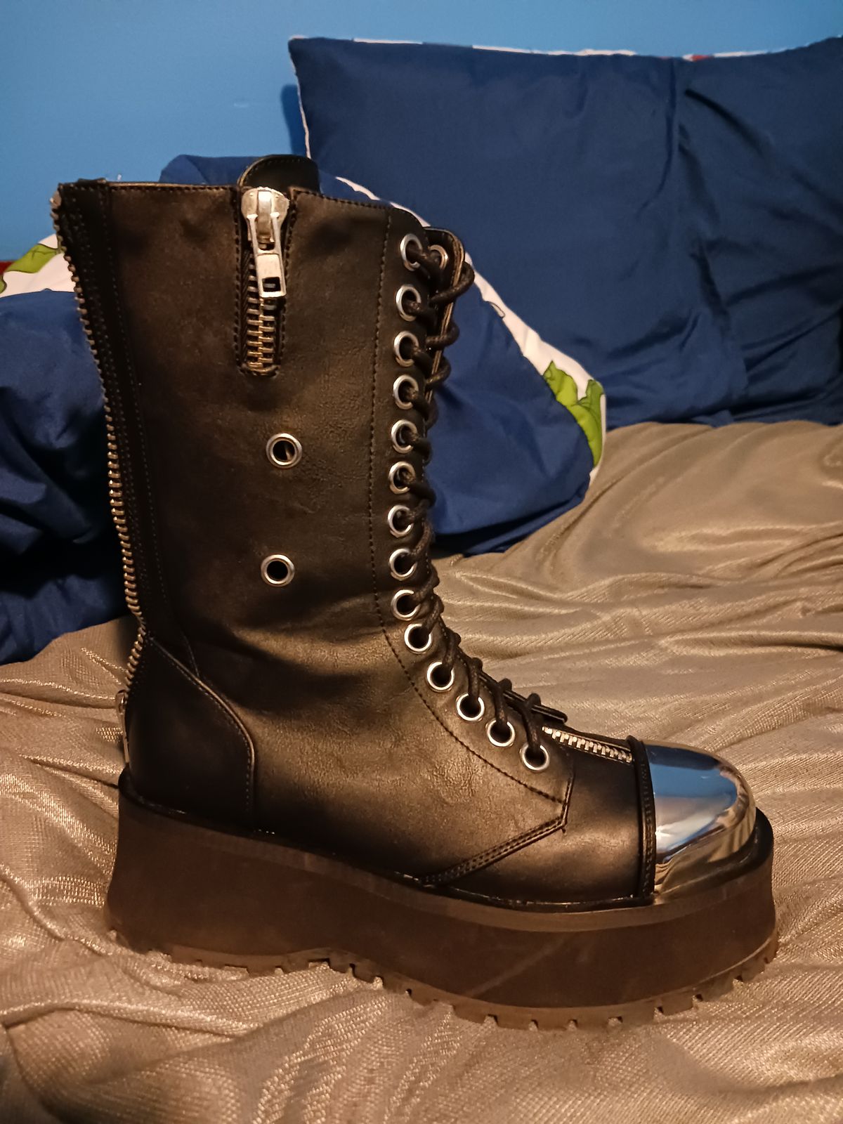 Demonia Grave Digger Steel Toe 14 eye Boots Size 10 USA worn once includes box DEMONIA Grave Digger 04 Black Chrome Toe Plate Spiked Shoe  main image 3
