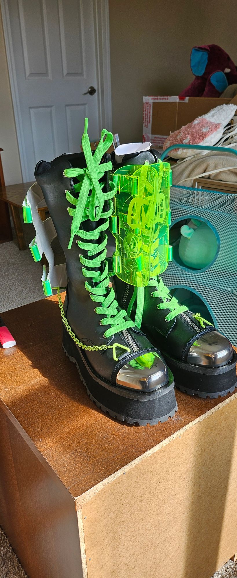 NIB GraveDigger 255 Neon Green Acrylic Shield Mid Calf Boots Men / Unisex Sizes DEMONIA  main image 2
