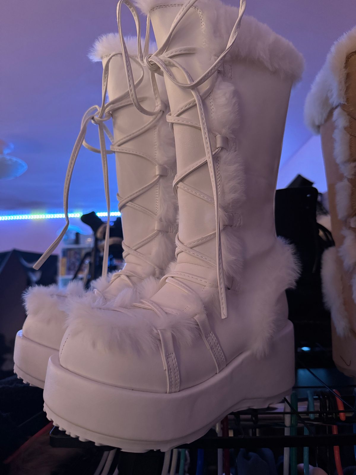 Fluffy White Demonia Shoes Ashes 55 Chunky White Platform Ankle Boot
