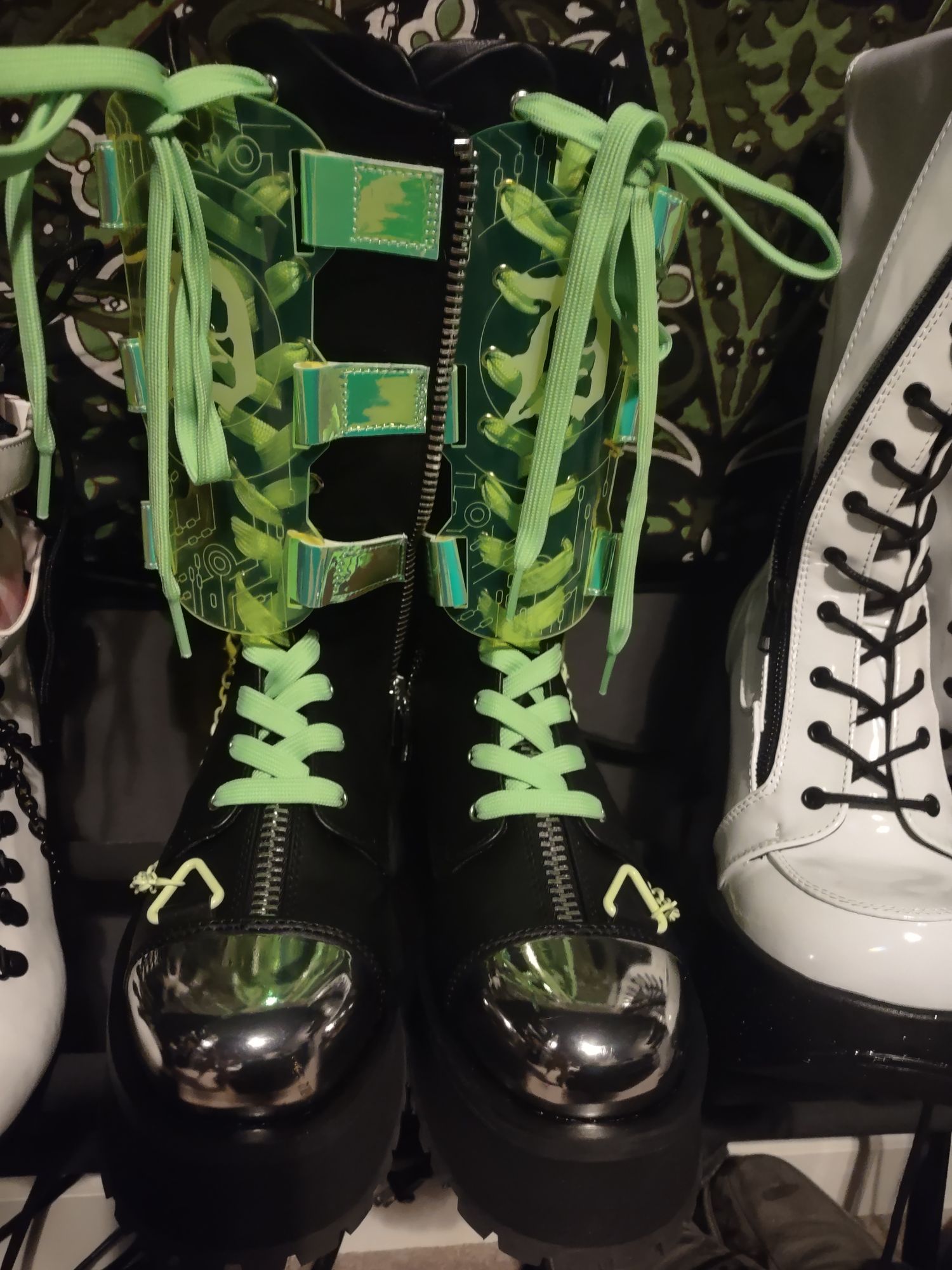 Gravedigger UV Green Harness Platform Punk Knee Boots Acrylic Shin Guard Shield FS Pro Shinguards Leather Premium Protection | InFightStyle main image 4