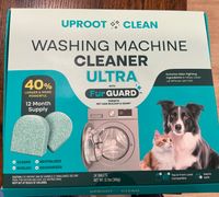 Customer-uploaded image. Click to see more details. The image represents: Package of Uproot Clean washing machine cleaner tablets designed for pet owners, featuring images of cleaning tablets, a washing machine, and a dog and cat