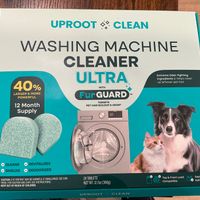 Customer-uploaded image. Click to see more details. The image represents: Package of Uproot Clean washing machine cleaner tablets designed for pet owners, featuring images of cleaning tablets, a washing machine, and a dog and cat