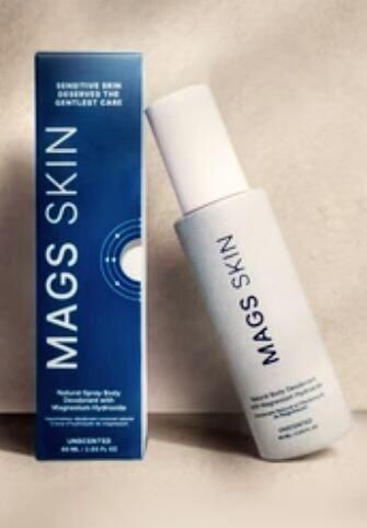 MAGS Skin deodorant bottle and box on a neutral background