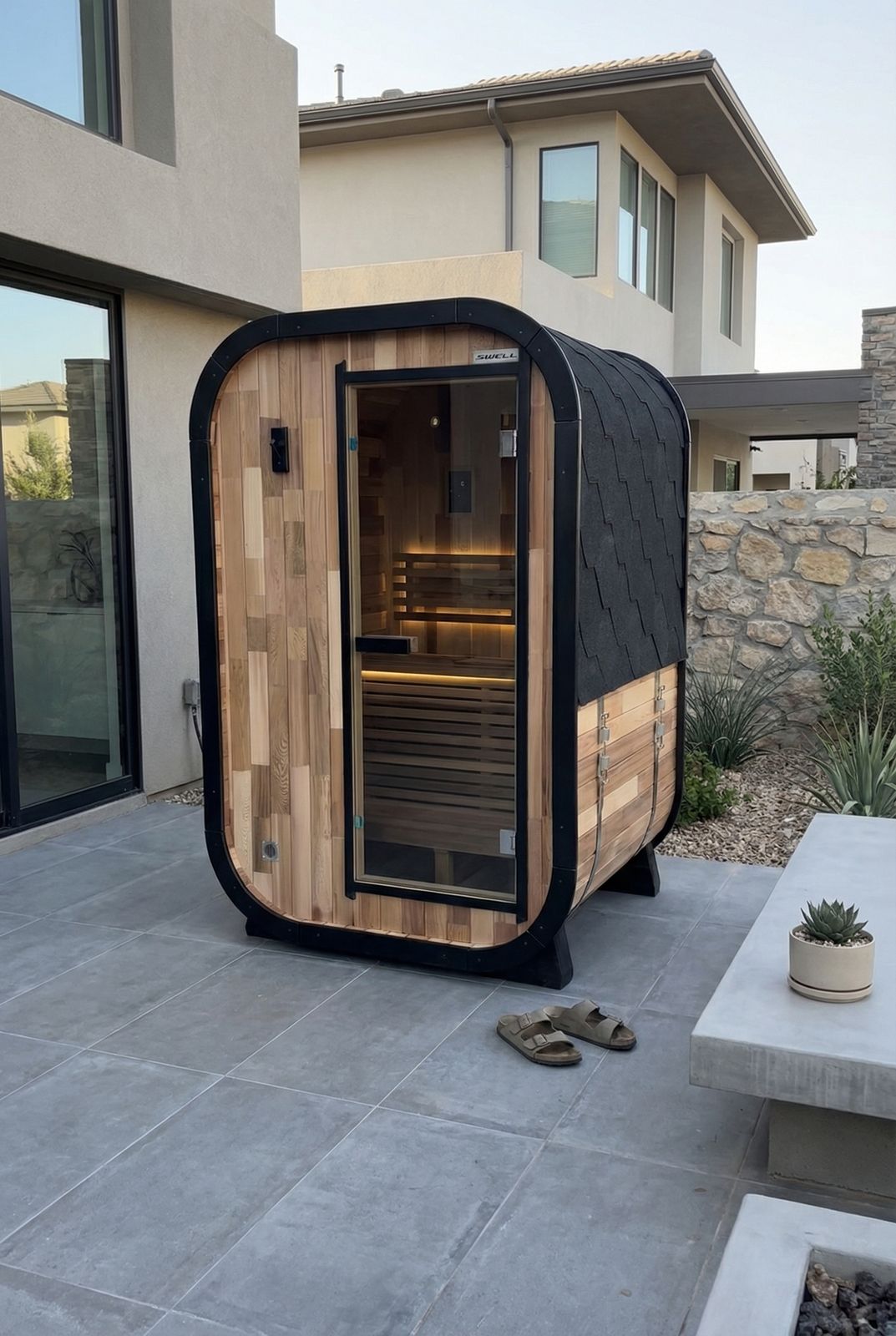 Modern outdoor barrel sauna with wood and black exterior positioned on a concrete patio next to a contemporary house