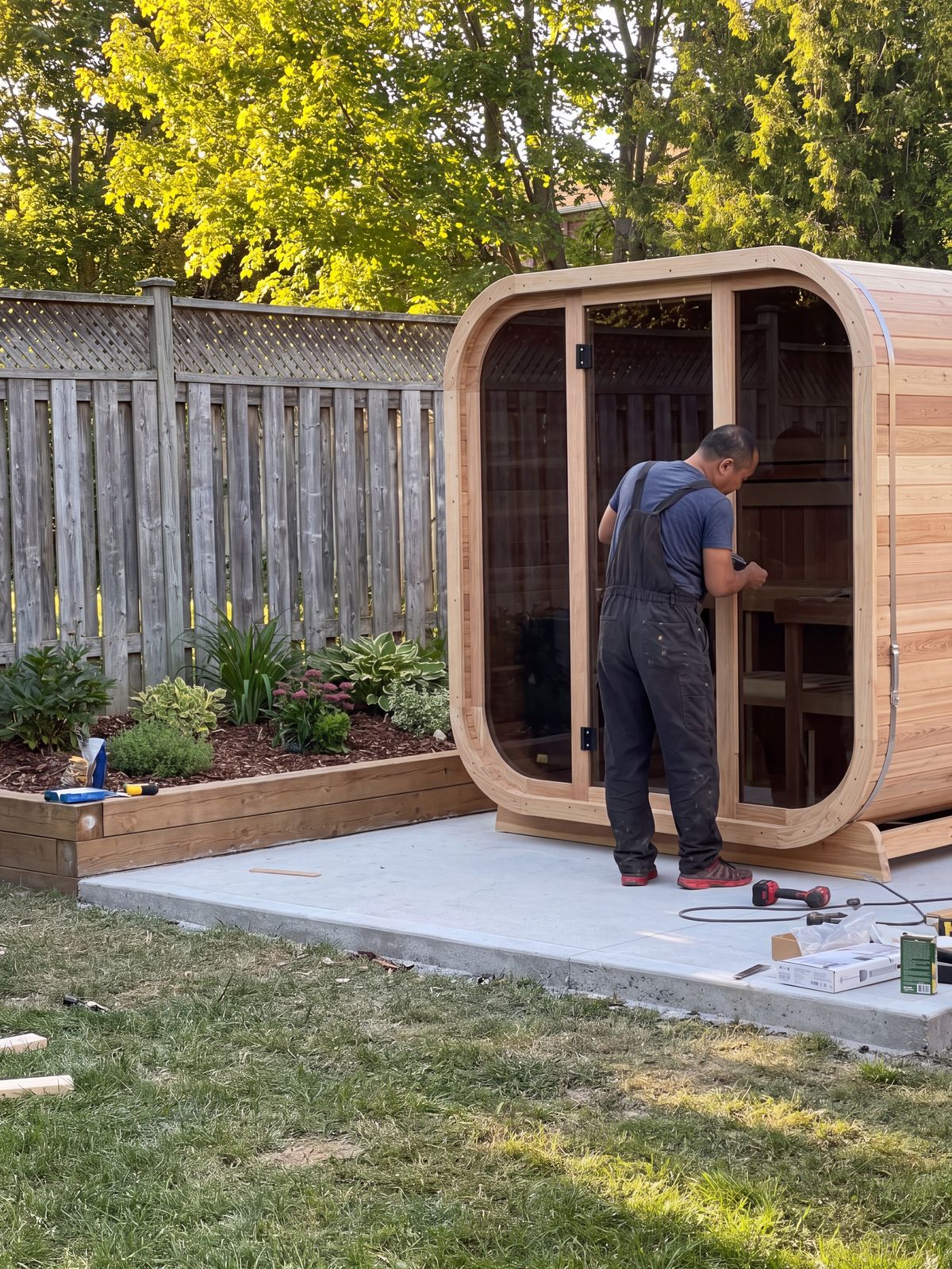 Cube 4 customer photo 1 from Liam M.'s review. A worker in dark clothing installs or assembles a wooden sauna pod in a backyard, standing on a concrete pad next to a raised garden bed with plants and trees in the background.