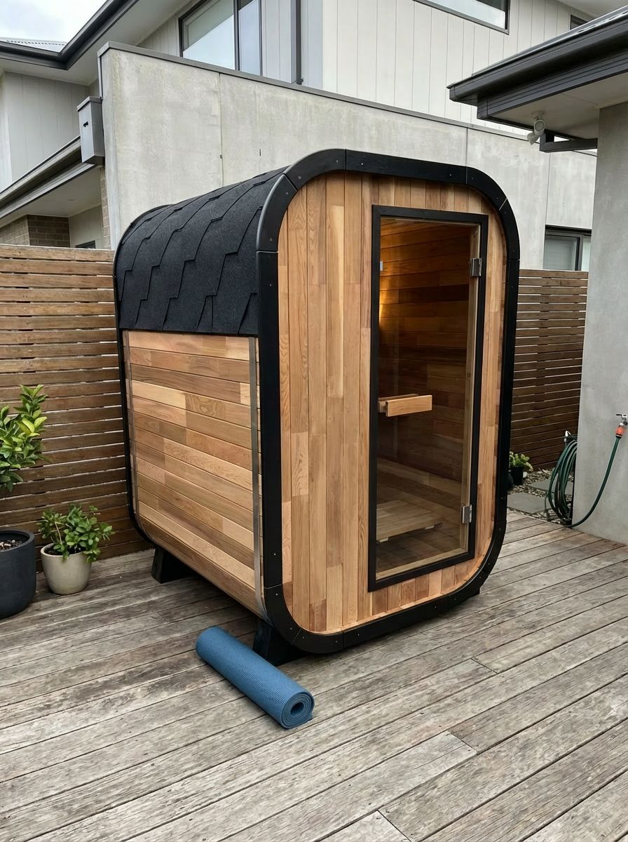 A modern barrel-shaped wooden sauna with black roofing and glass door installed on a wooden deck in a residential backyard