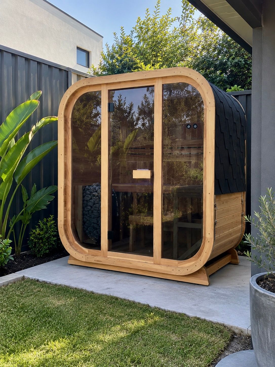 A modern wooden sauna pod with curved glass panels sits on a concrete patio in a contemporary backyard garden setting, surrounded by landscaping and plants.