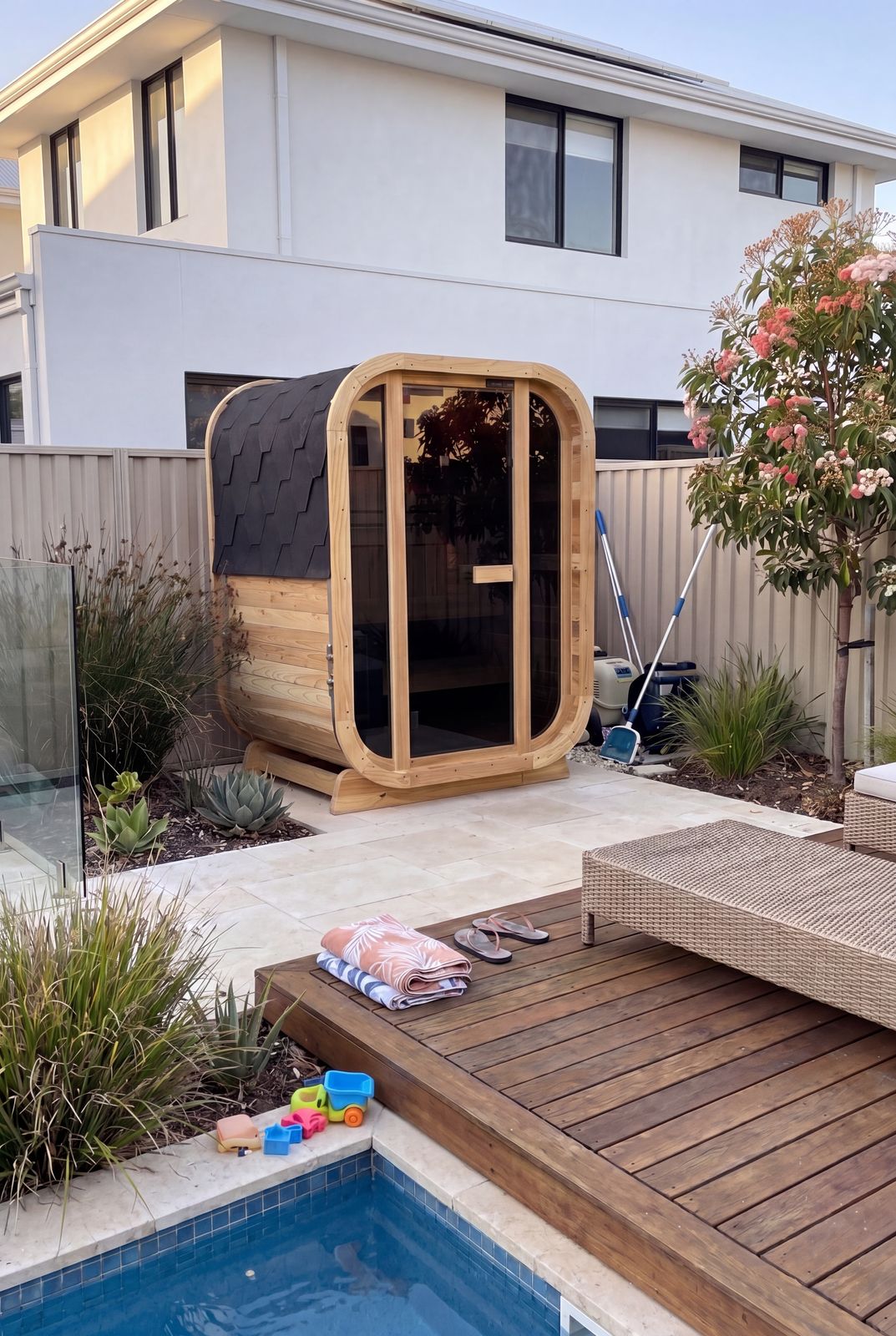A wooden barrel-shaped sauna with black roof sits on a patio next to a swimming pool, with a modern two-story house and landscaped garden in the background