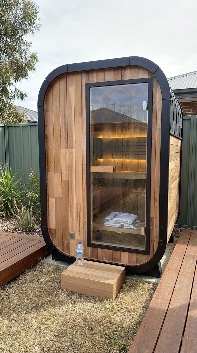Modern barrel-shaped wooden sauna with glass door and interior lighting in a backyard setting
