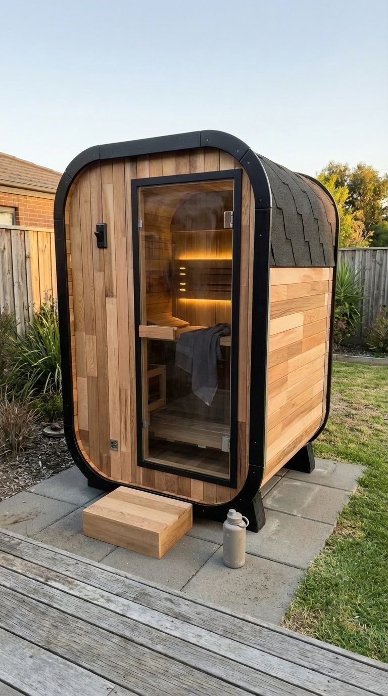 A modern wooden barrel-style outdoor sauna with glass door and black trim, positioned on a concrete pad in a backyard setting with wooden decking in the foreground