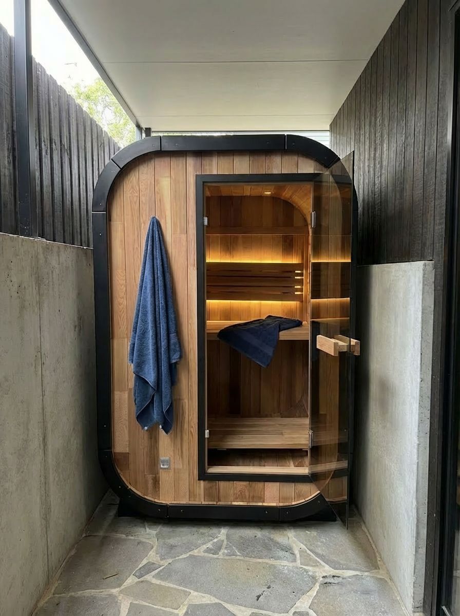 Modern outdoor sauna with curved wood exterior, open door revealing illuminated interior with wooden benches, blue towels hanging outside, set in concrete alcove with wooden fence walls