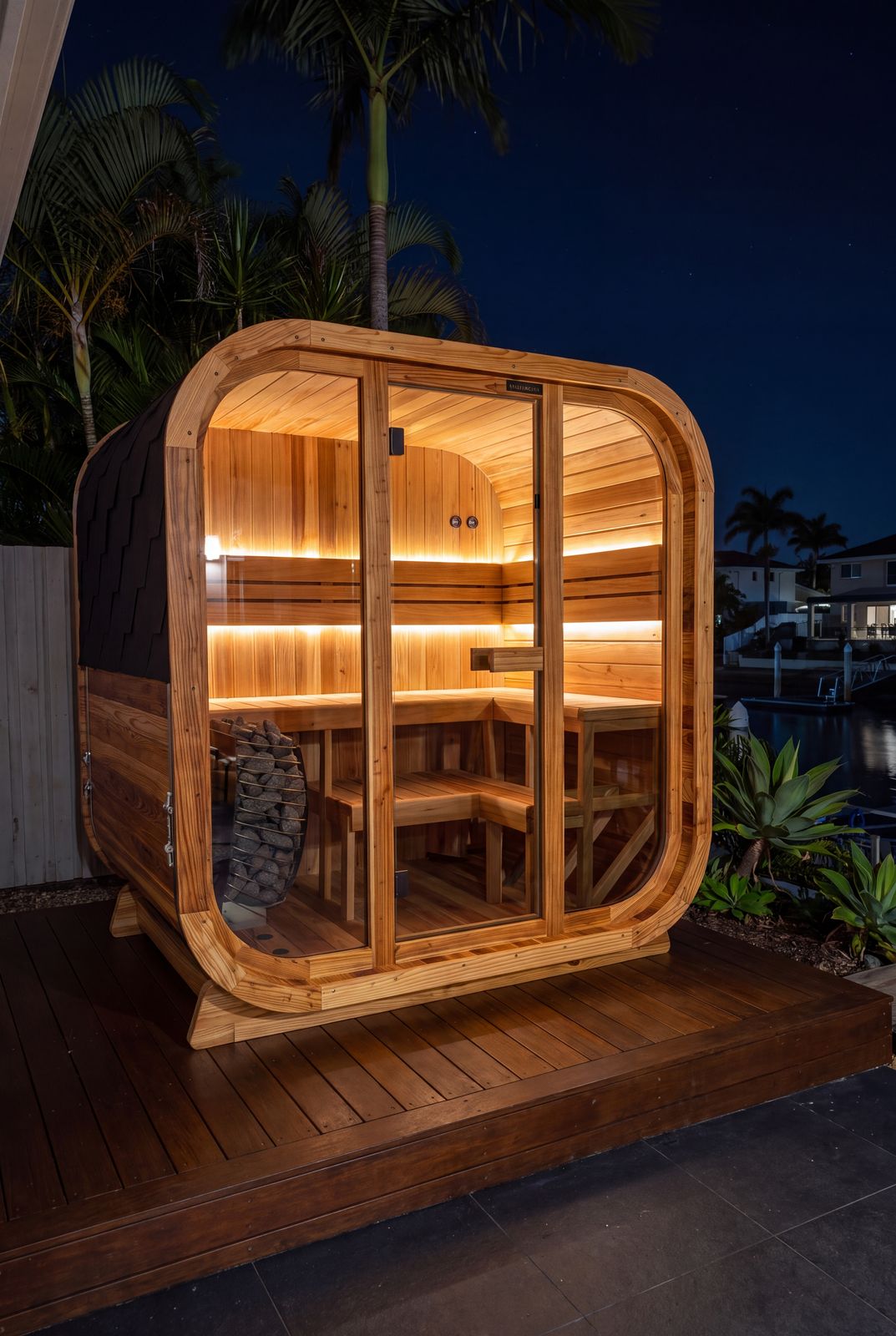 Cube 4 customer photo 1 from Jessica T.'s review. A modern wooden sauna with glass doors and warm interior lighting, positioned on a wooden deck at night with palm trees and houses visible in the background.