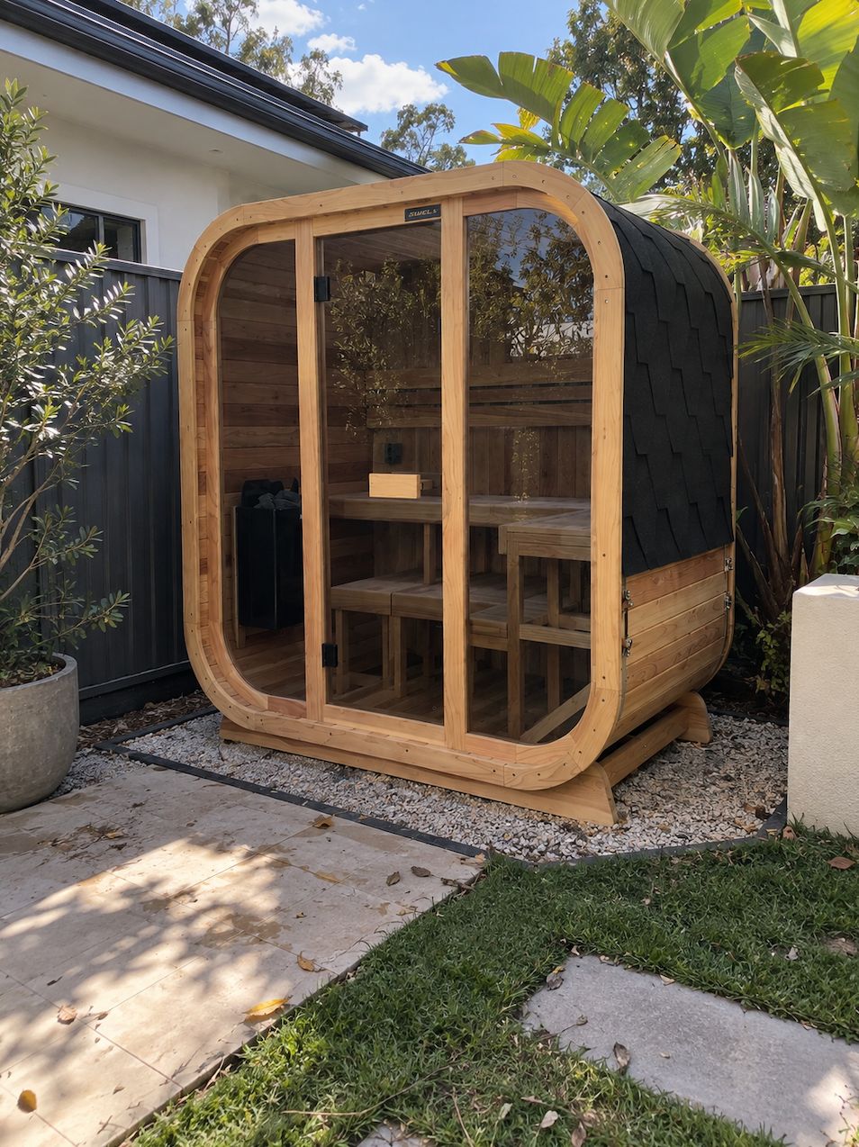 Swell Cedar Cube 4 sauna in a customer outdoor setting