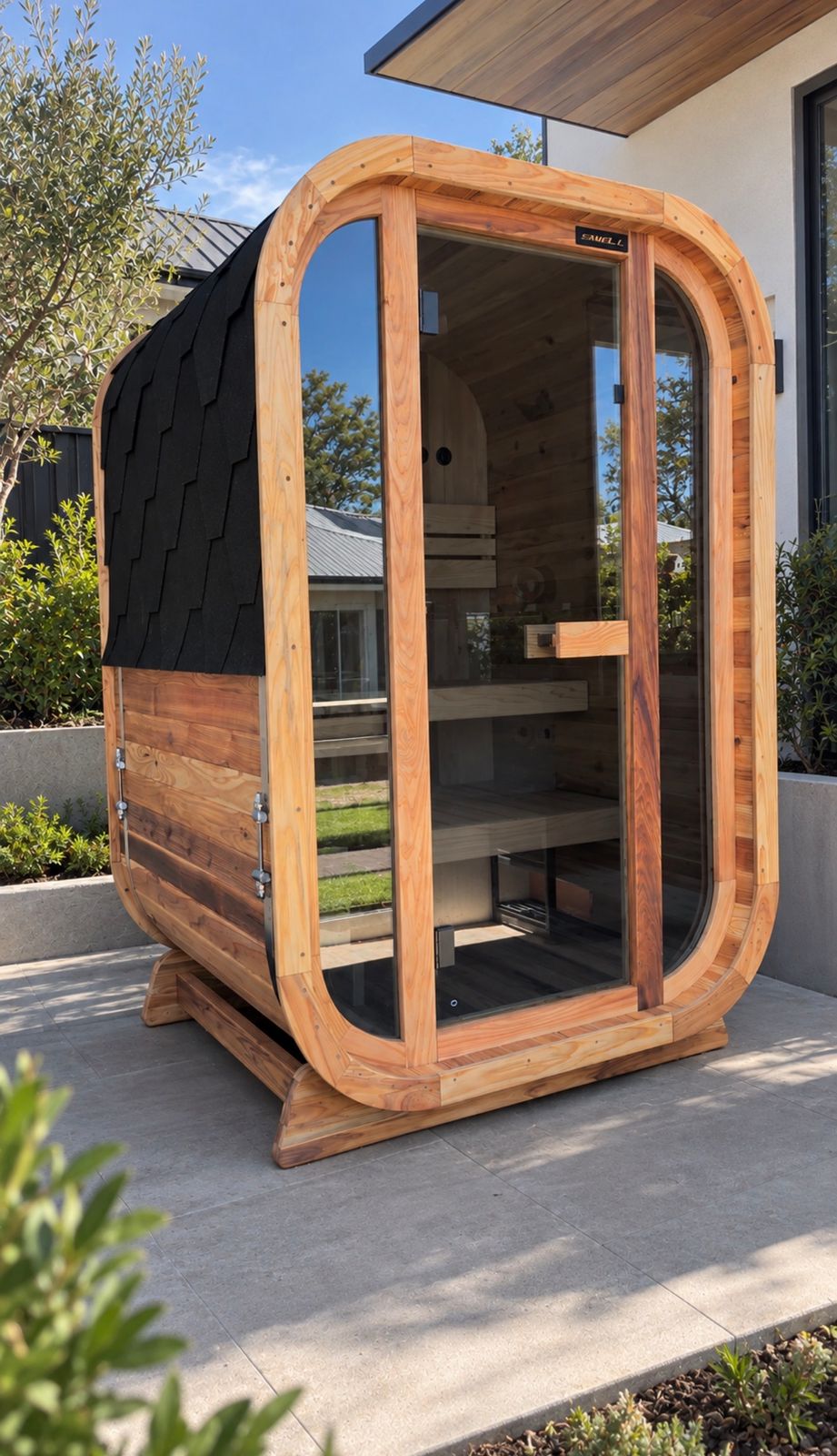 A modern wooden sauna pod with curved cedar frame and glass door, positioned on a patio next to a contemporary house with black shingle siding and landscaping.