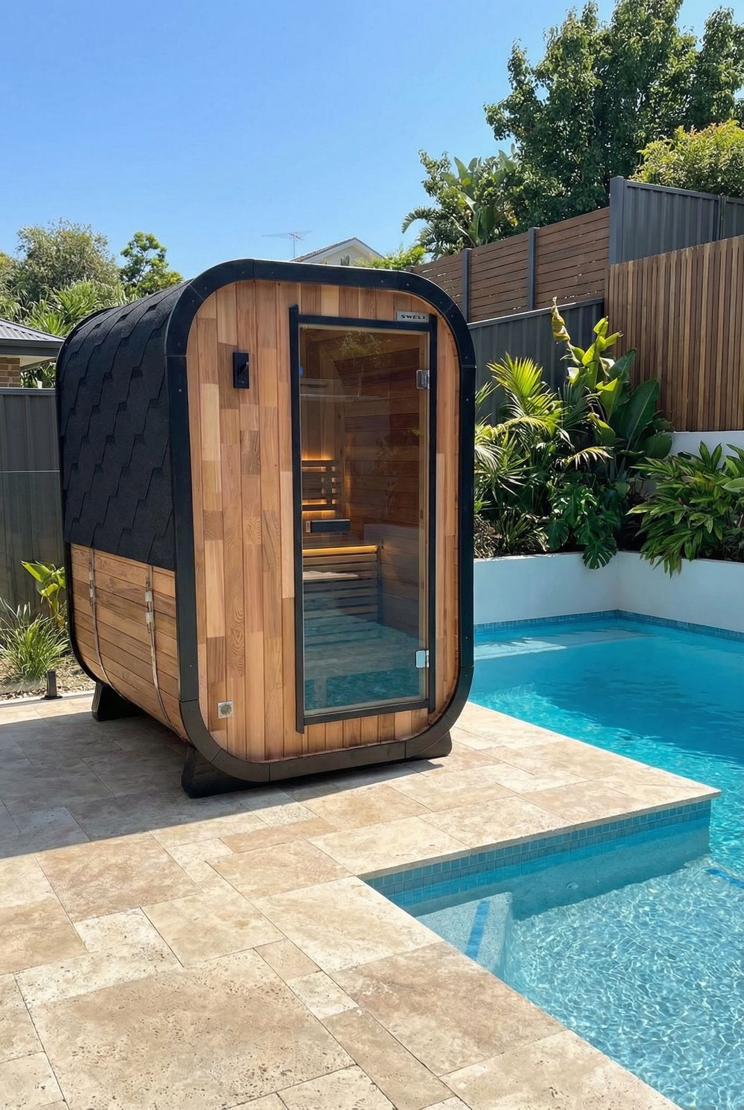 Modern barrel-shaped wooden sauna with glass door positioned next to a swimming pool in a contemporary backyard setting with tropical plants and privacy fencing