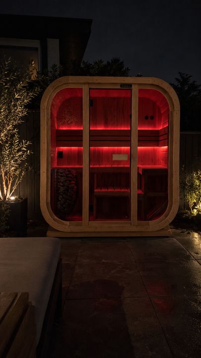 A modern wooden sauna cabin with rounded corners, illuminated by red LED lighting inside. The cabin features glass doors with wooden frames and is positioned on a patio at night, flanked by uplighting on landscaping plants.