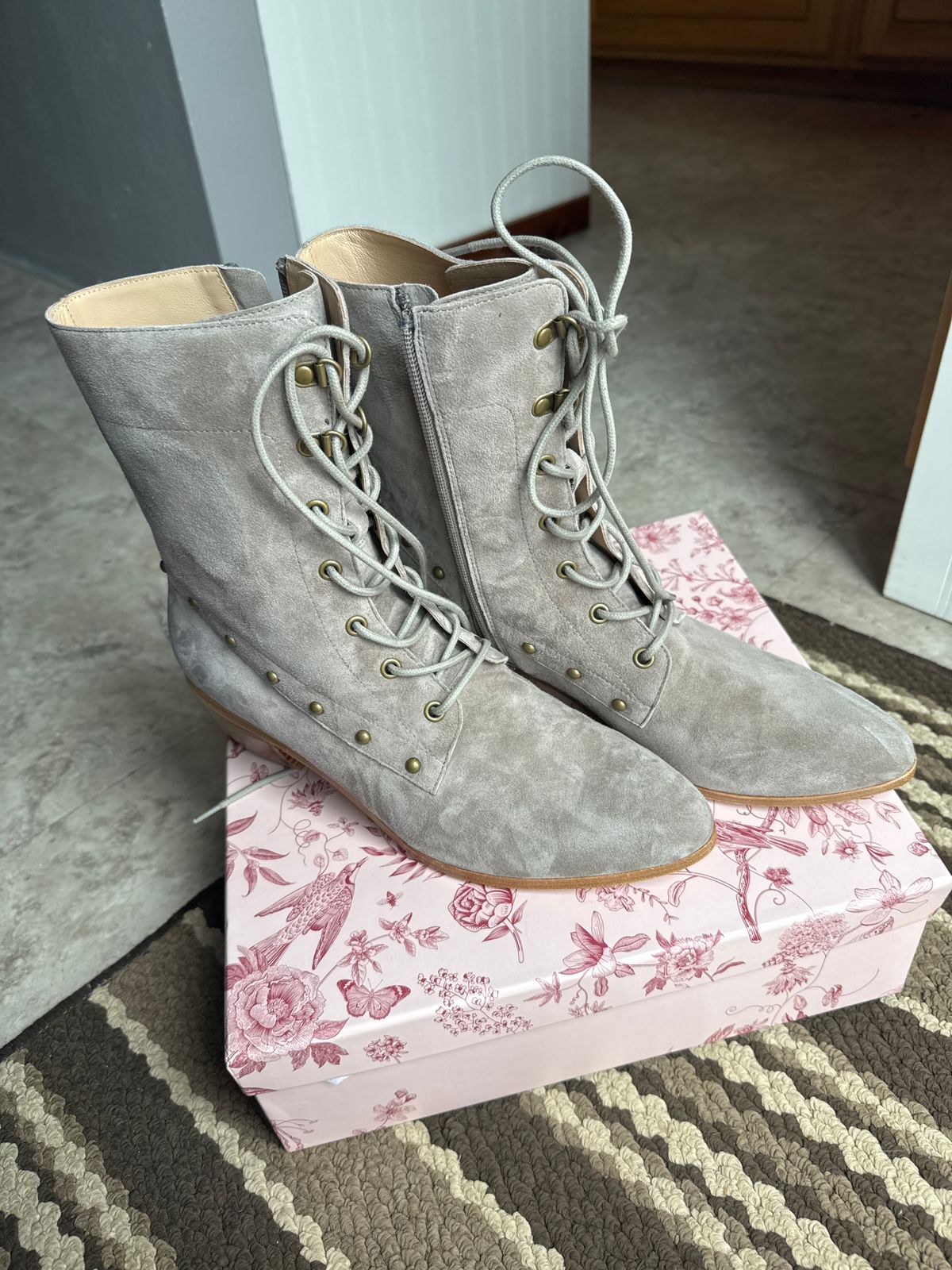 Crown & Ivy Percy Lace up buck soft suede Olive Suede Burnished Boots With Zipper Closure | Polar Fox  main image 4