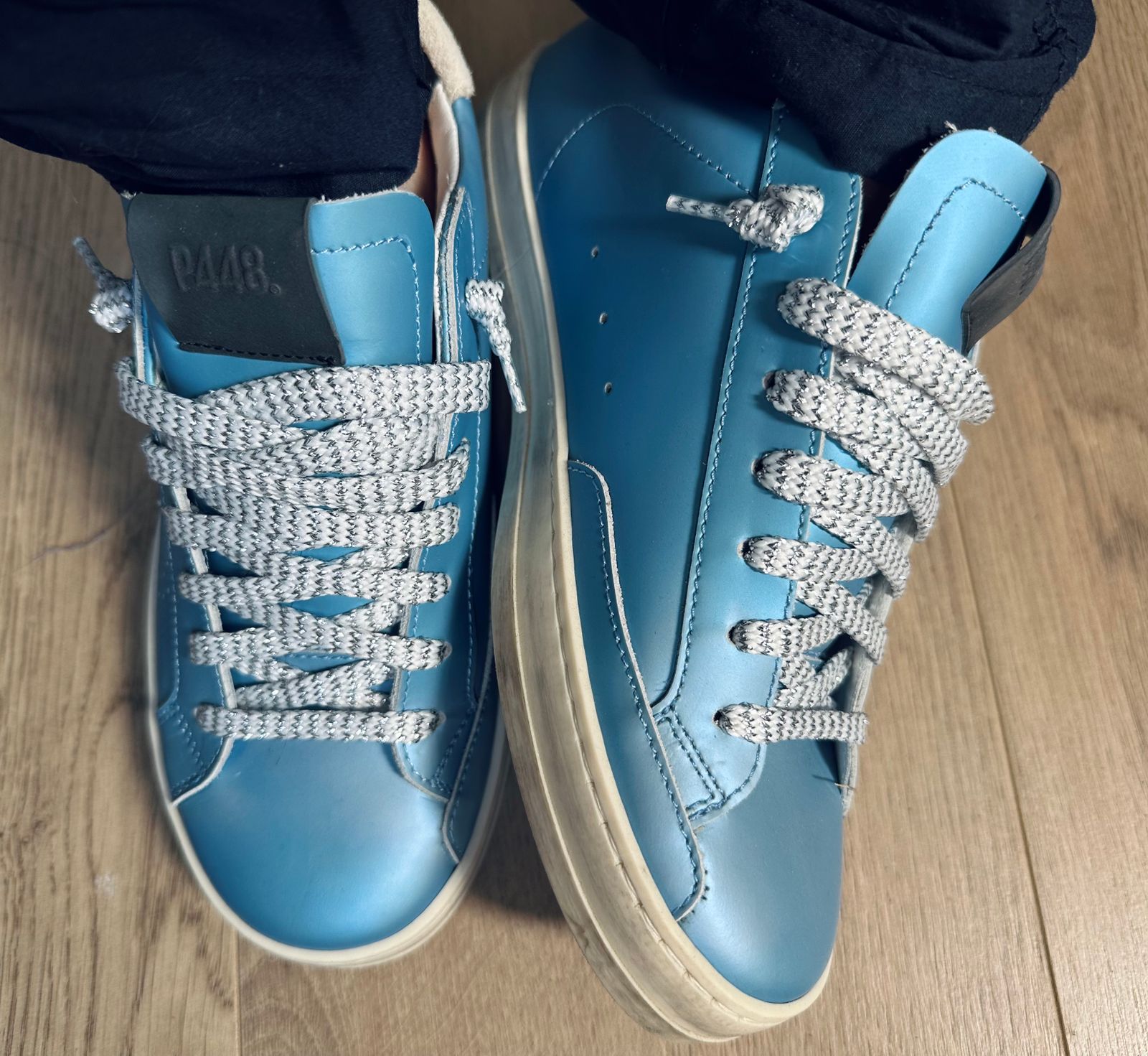 P448 Skate High Top Sneaker White Leather Buff Suede Blue Trim 42 9-9.5 Mens Men — High Tops – P448® main image 3