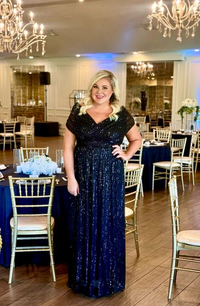 navy and gold plus size dress Adrianna Papell Asymmetrical Draped Stretch Metallic Lace Gown