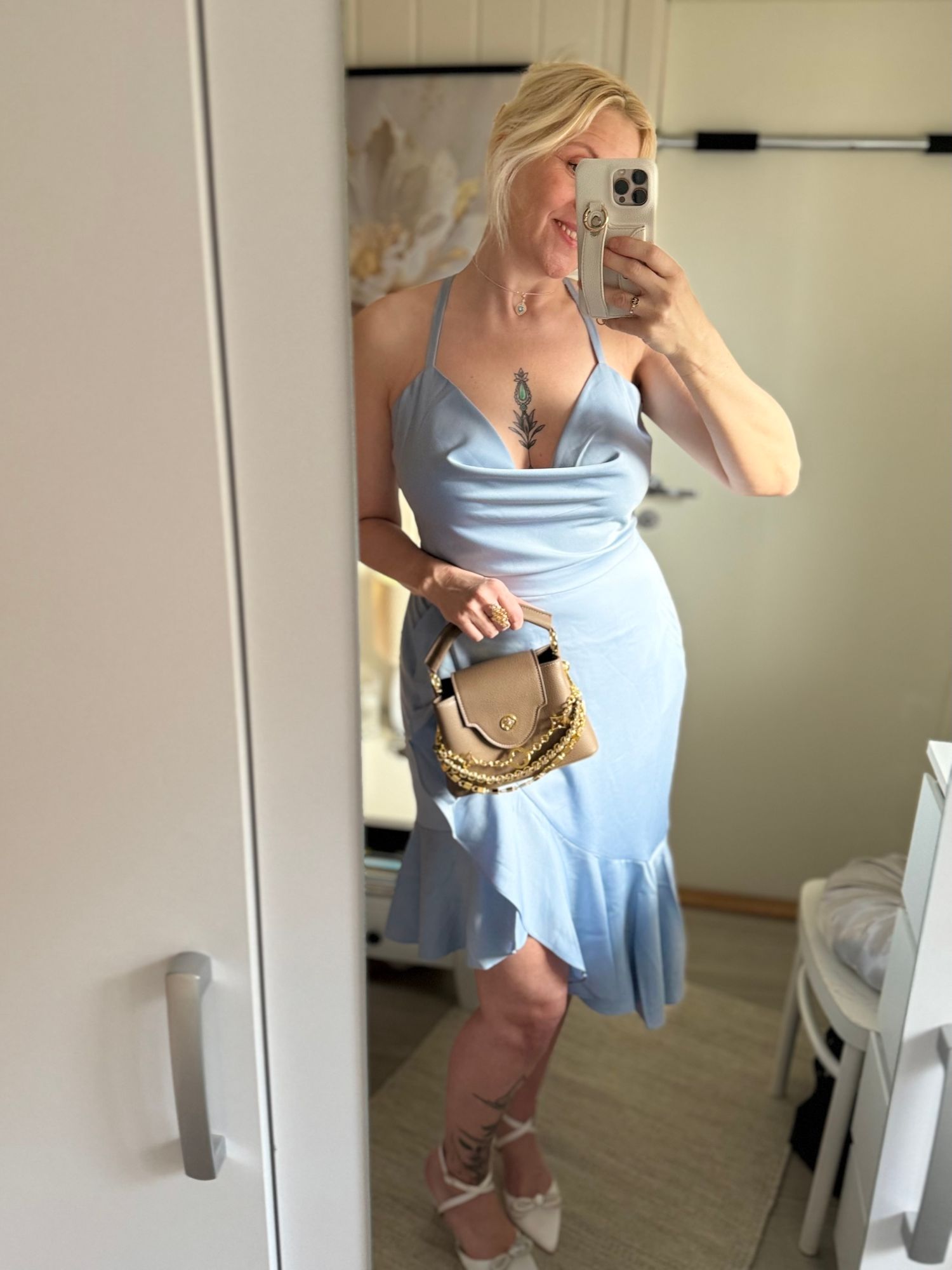 SAWYER Cross Back Cowl Neck Midi Dress In Cornflower Blue SAWYER Cross Back Cowl Neck Midi Dress In Cornflower Blue