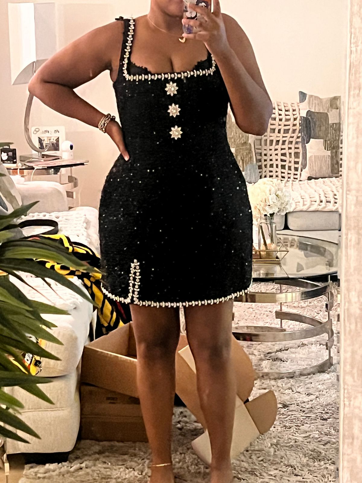 ZOEY Embellished Boucle Tulip Mini Dress in Black